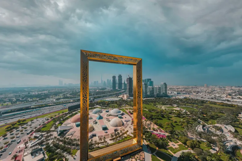 Aerial view of the Dubai Frame and the city skyline