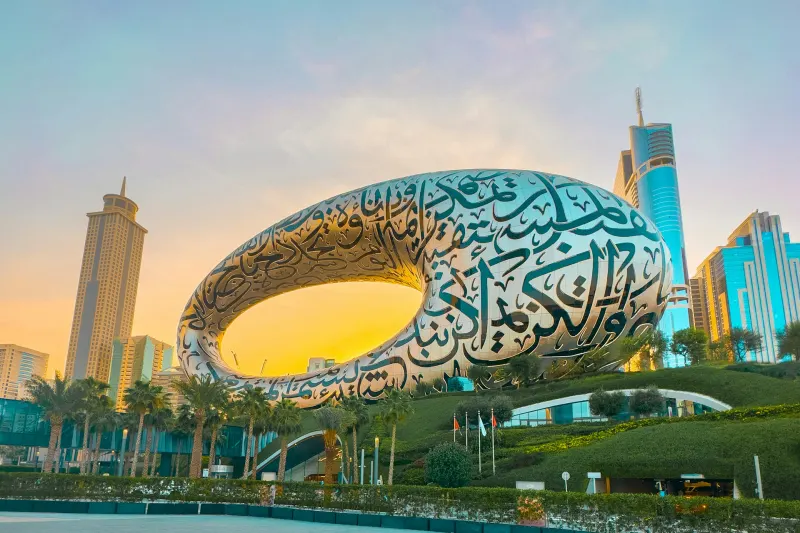 Museum of the Future in Dubai with its Arabic calligraphy facade at golden hour
