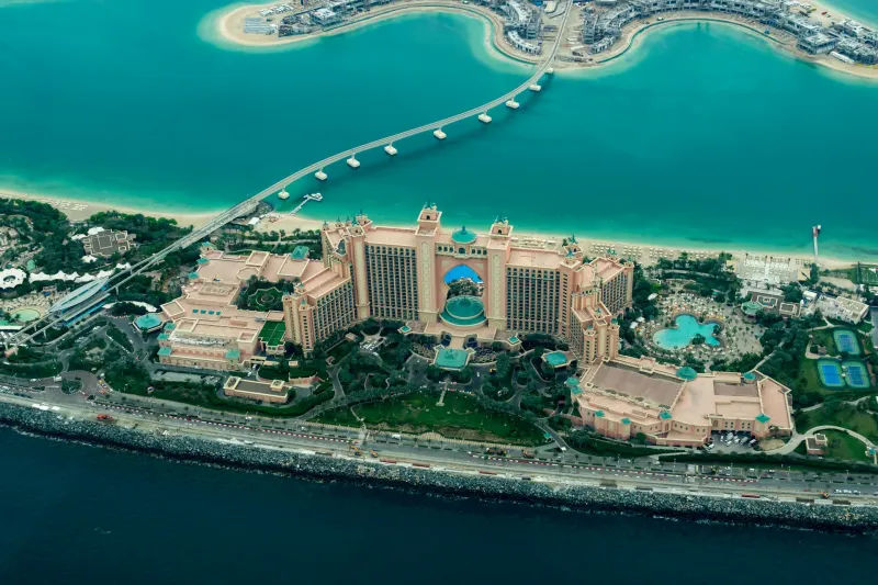 Aerial view of Palm Jumeirah and Atlantis The Palm in Dubai