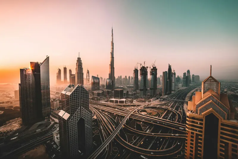 Dubai skyline with the Burj Khalifa at sunset on a private full day Dubai city tour