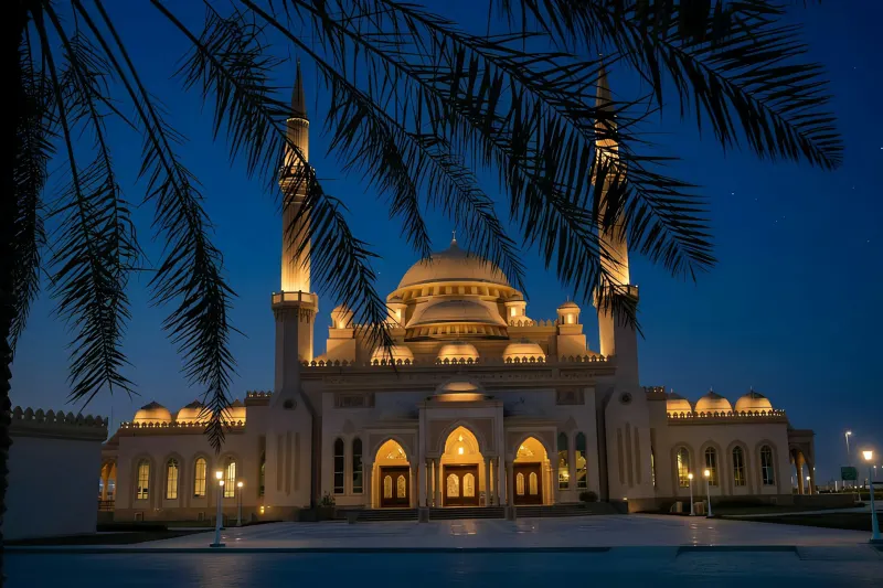Al Noor Mosque in Sharjah lit up at night with palm trees