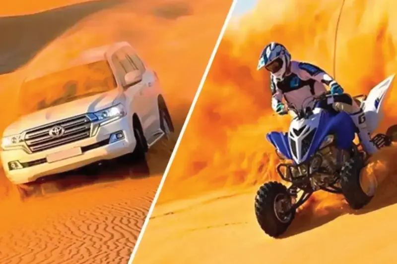 Land Cruiser dune bashing and a rider on a quad bike in the Dubai desert