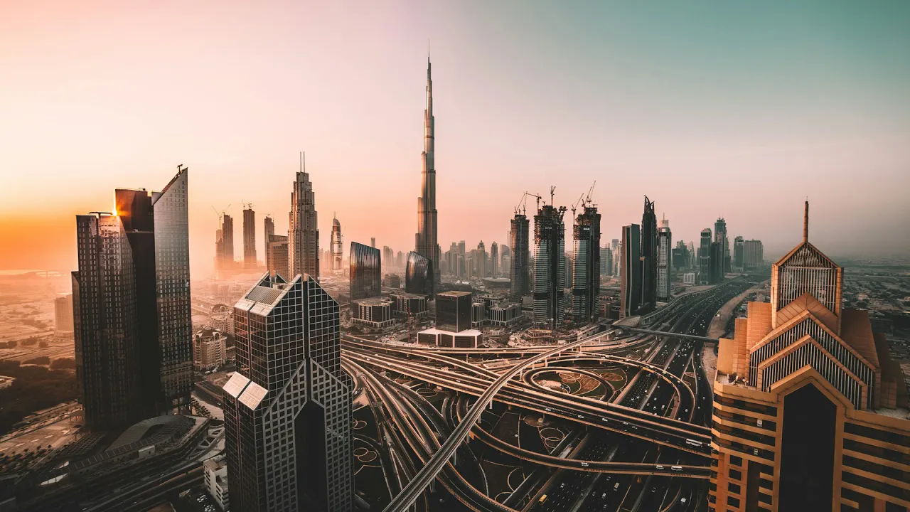 Dubai skyline with the Burj Khalifa at sunset on a private Dubai city tour